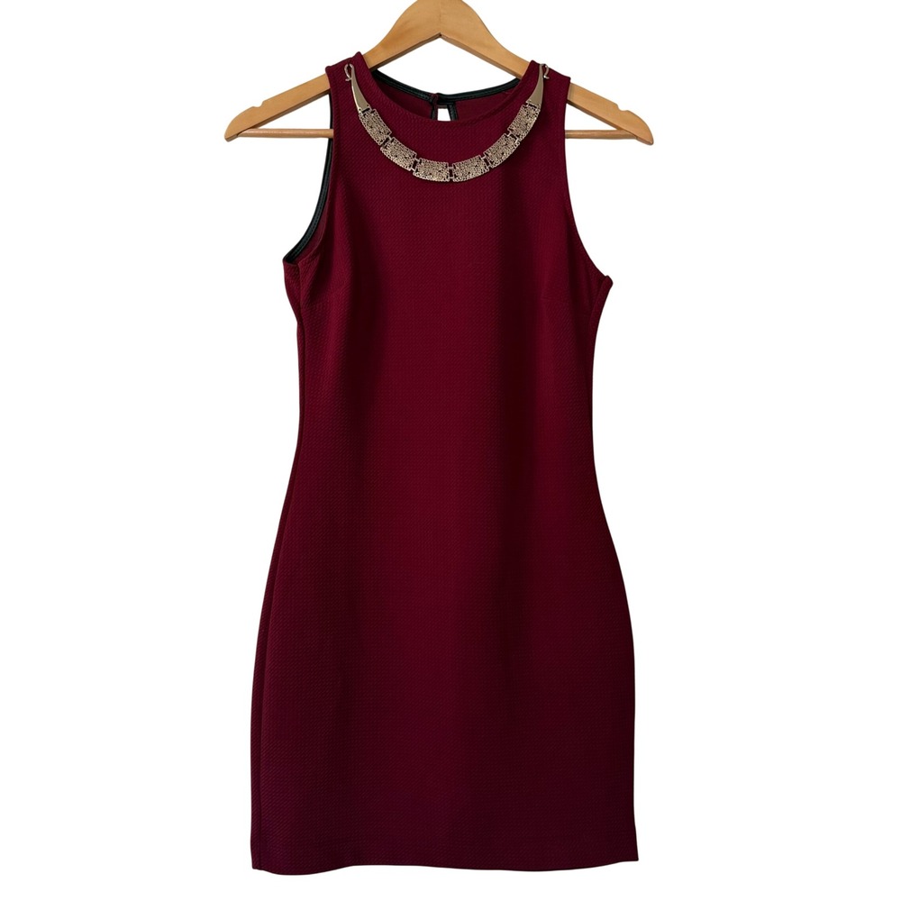 Italian Burgundy Textured Bodycon Dress with Gold Filigree Chain Neckline